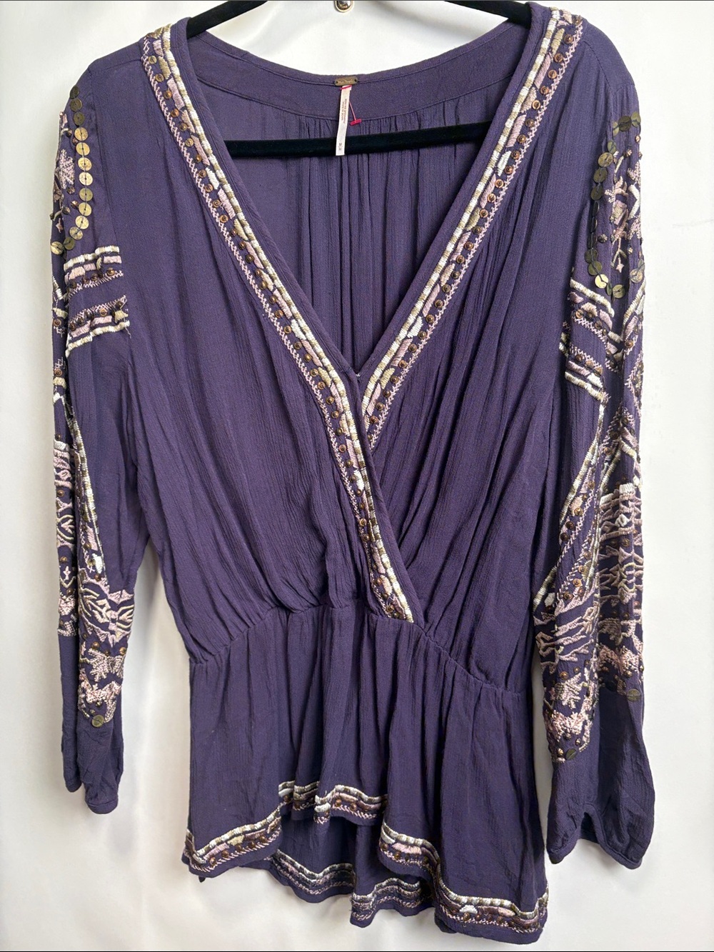 Free People Embroidered Deep Purple V-Neck Blouse with Metallic Accents
